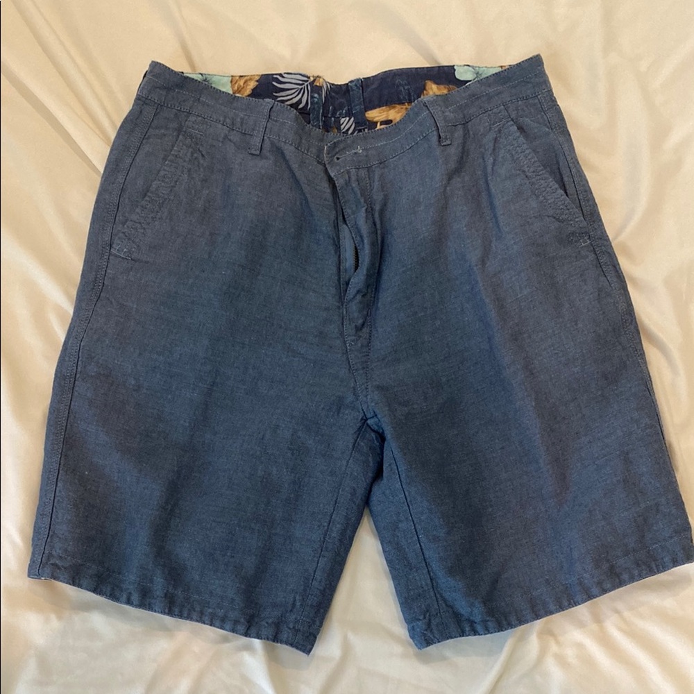 Reversible Linen Blend Blue Flat Front Shorts